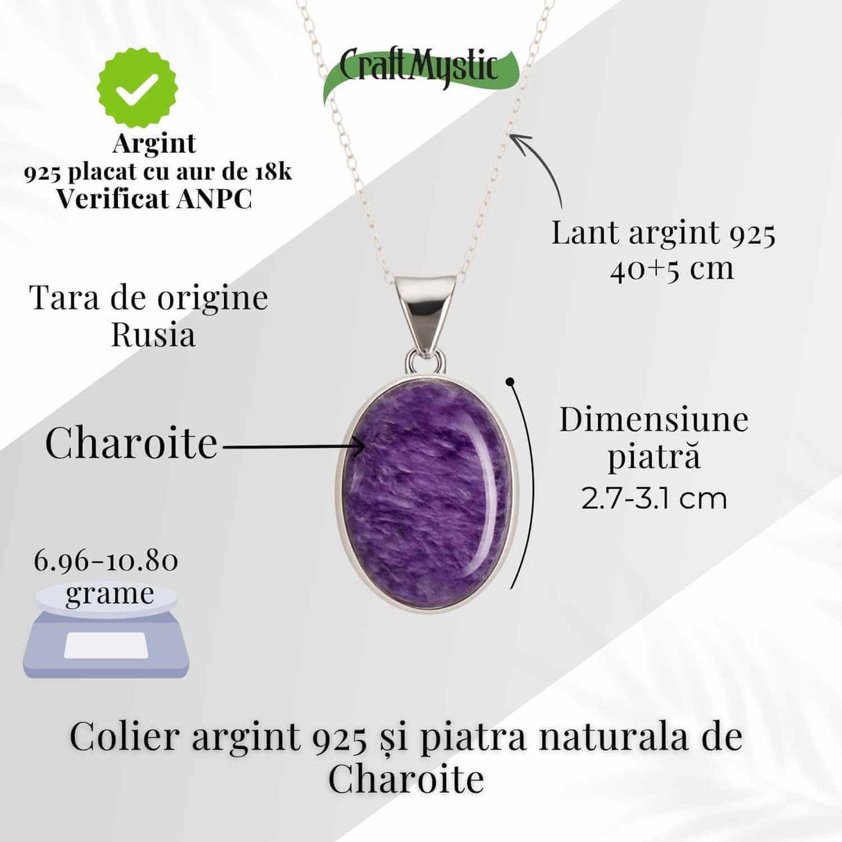 Colier Argint 925 cu Charoite Ovala - Transformare Spirituala si Curaj Interior