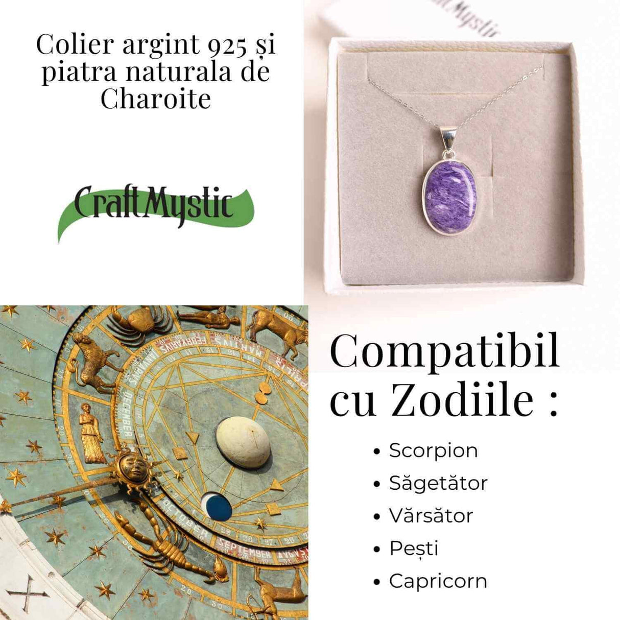 Colier Argint 925 cu Charoite Ovala - Transformare Spirituala si Curaj Interior