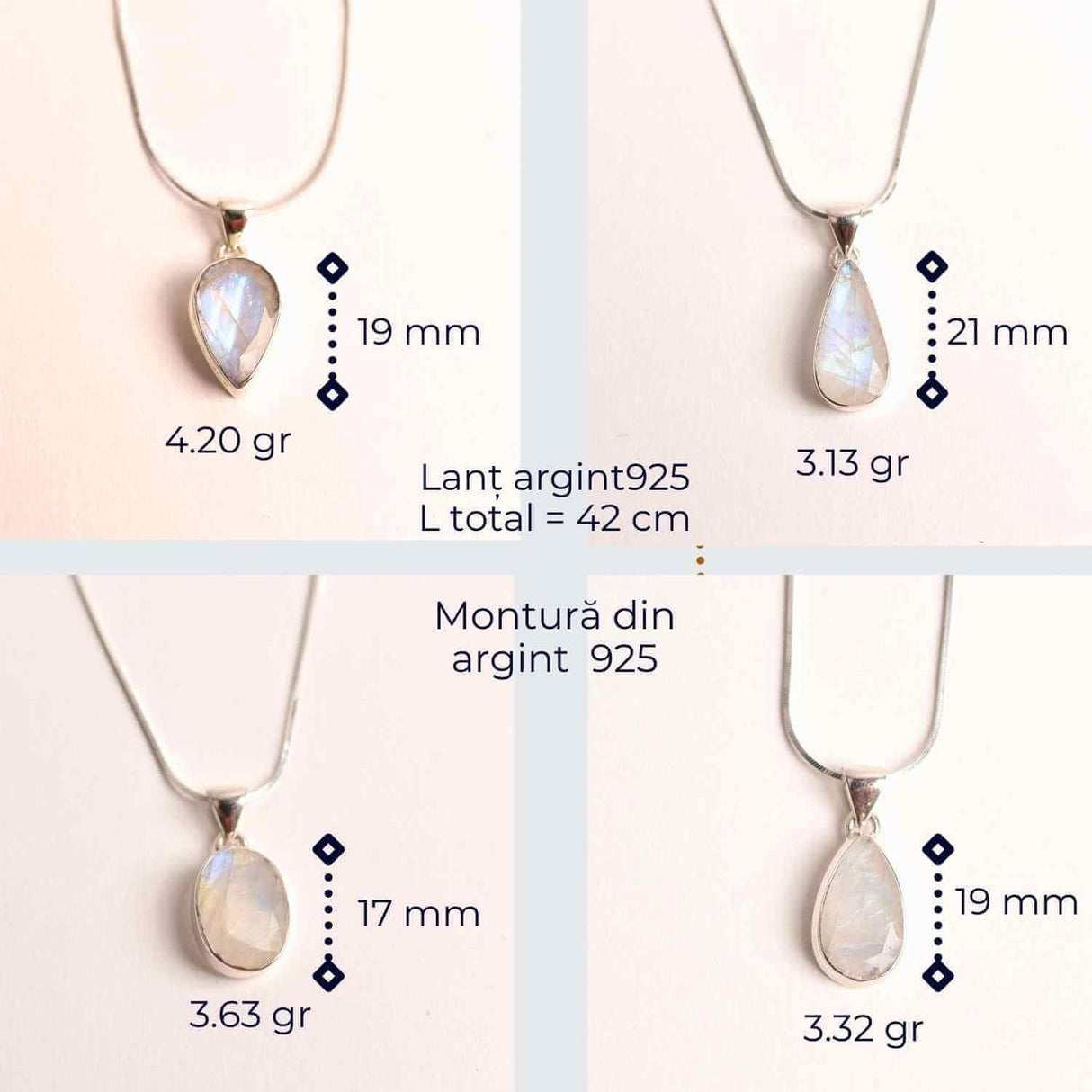 Colier Argint 925 cu Piatra Lunii Curcubeu Fatetat - Bijuterie pentru Echilibru Emotional, va4 - 3.2-3.8 gr