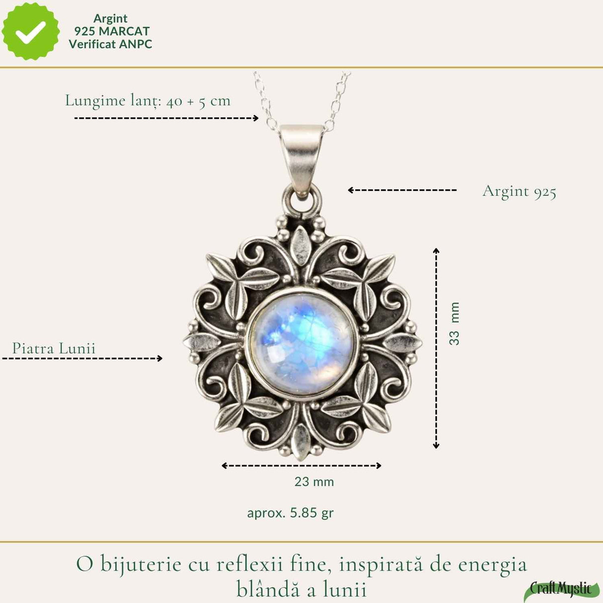 Colier Argint 925 cu Piatra Lunii Floare – Feminitate si Echilibru Interior