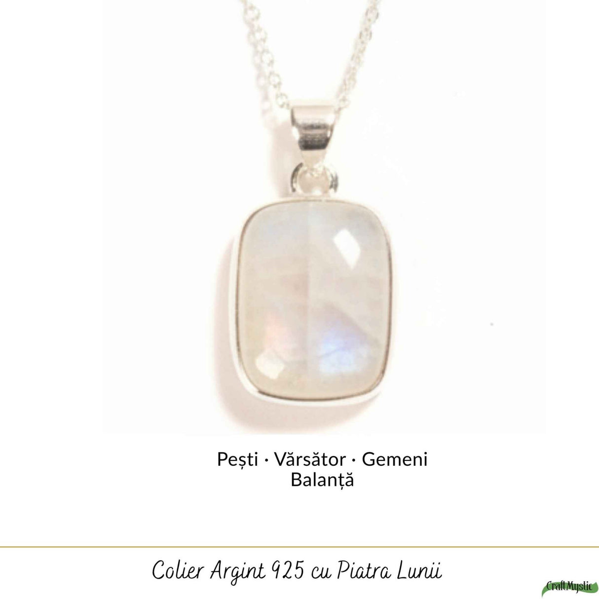 Colier Argint 925 cu Piatra Lunii Patrat – Echilibru si Intuitie Naturala