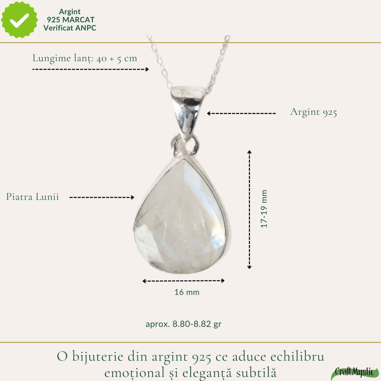 Colier Argint 925 cu Piatra Lunii Lacrima – Intuitie si Echilibru Feminin