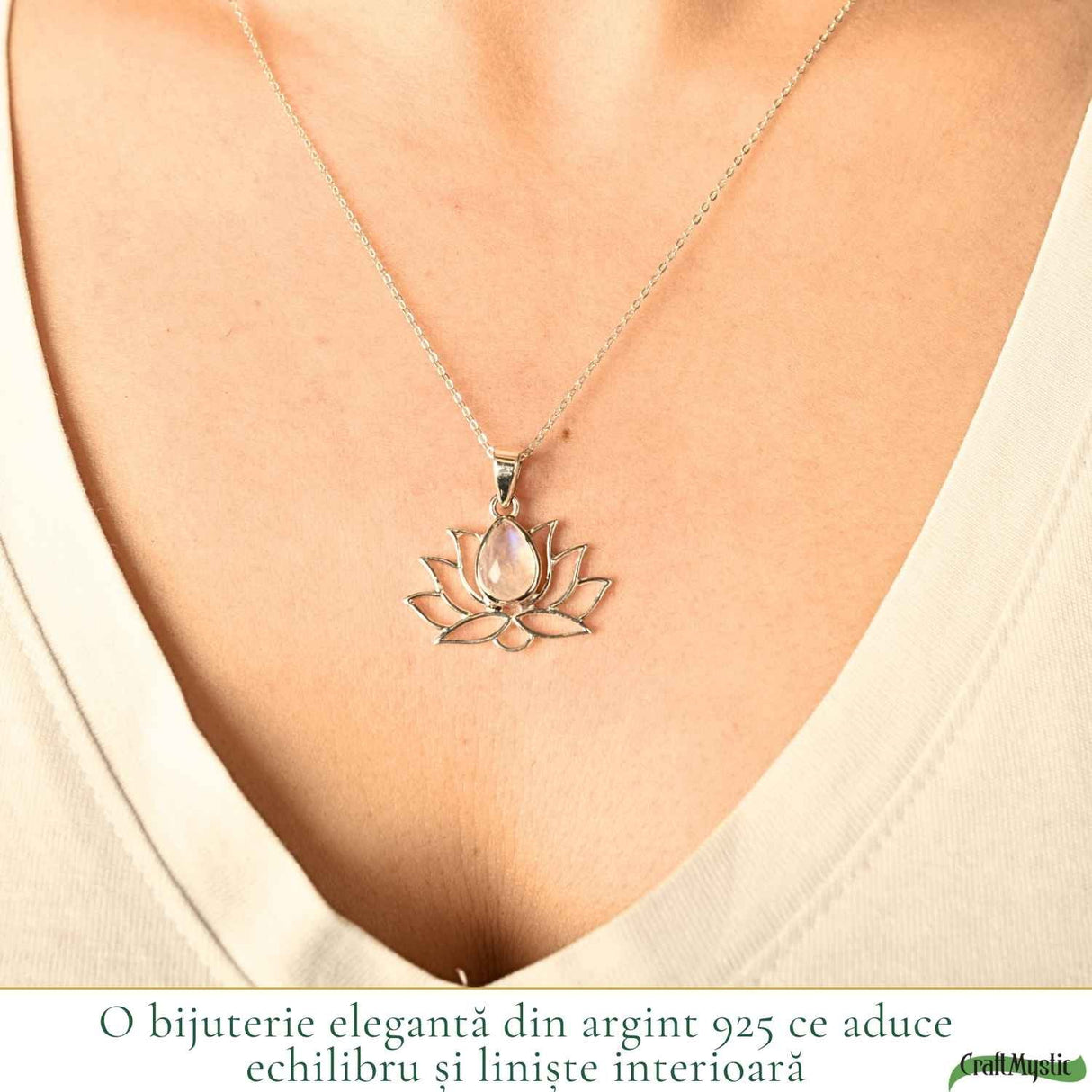 Colier Argint 925 cu Piatra Lunii Floare de Lotus – Renastere si Echilibru Interior