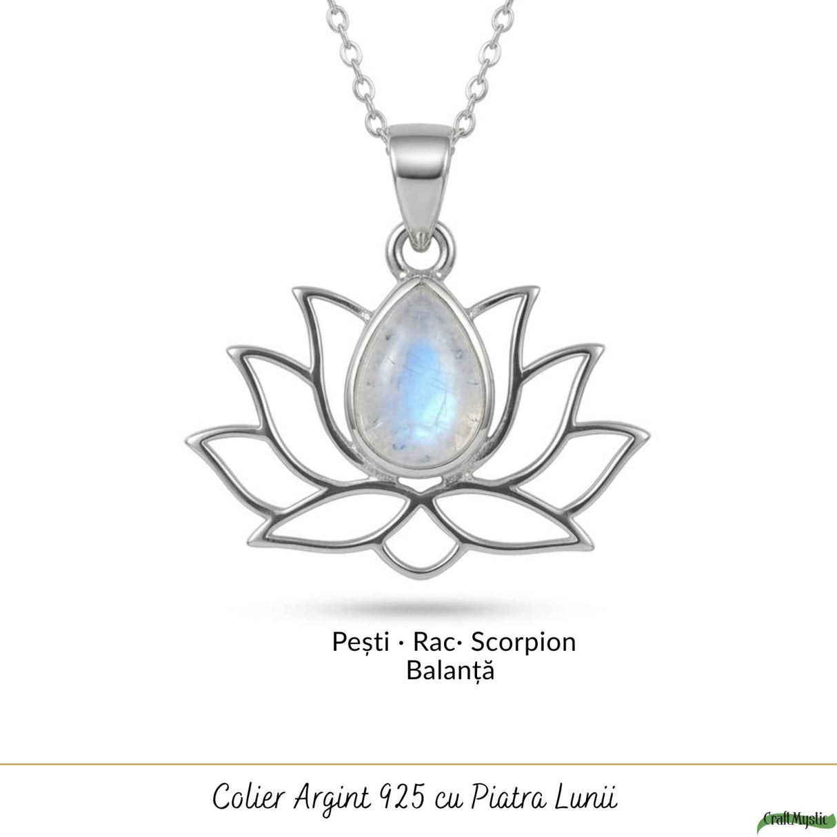 Colier Argint 925 cu Piatra Lunii Floare de Lotus – Renastere si Echilibru Interior