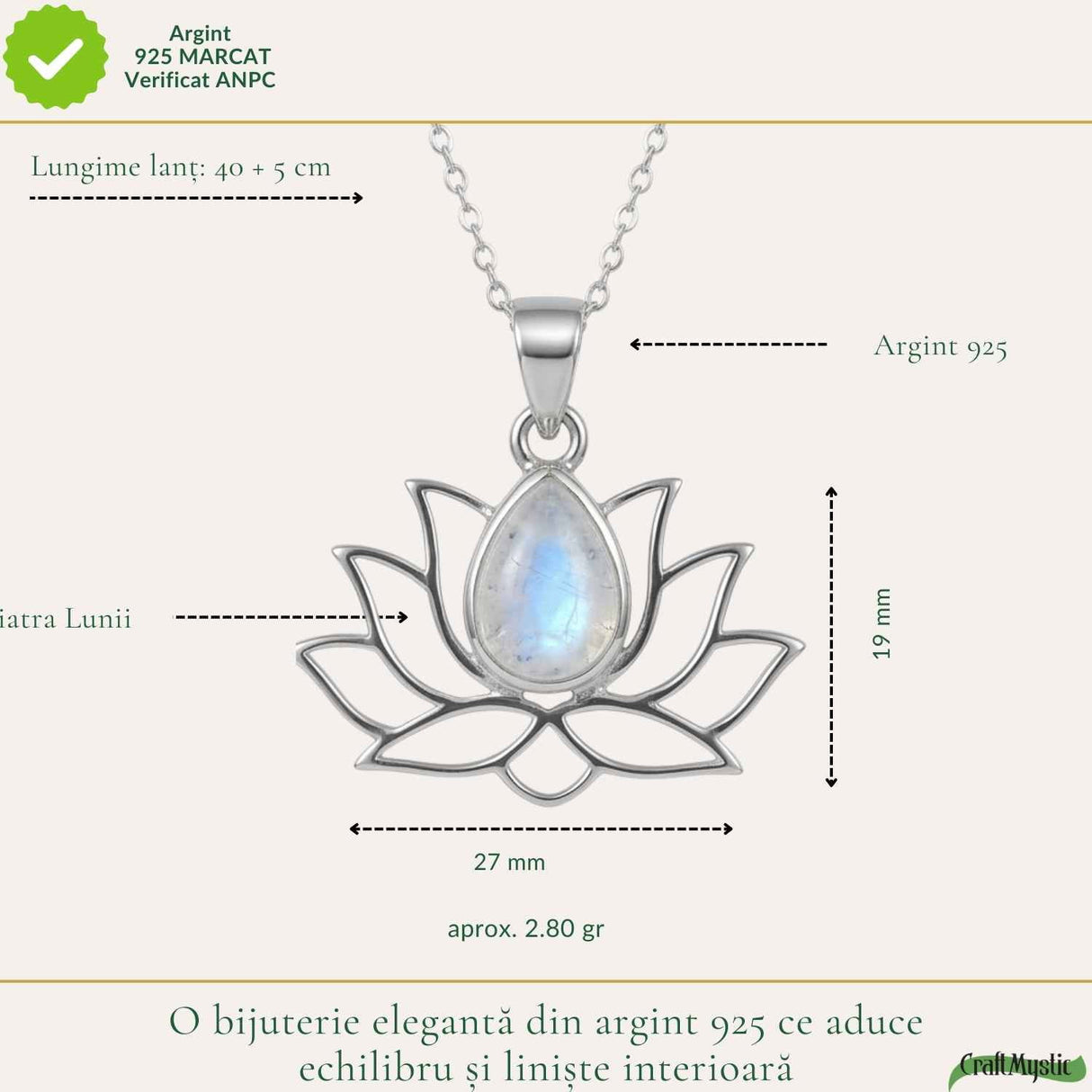 Colier Argint 925 cu Piatra Lunii Floare de Lotus – Renastere si Echilibru Interior