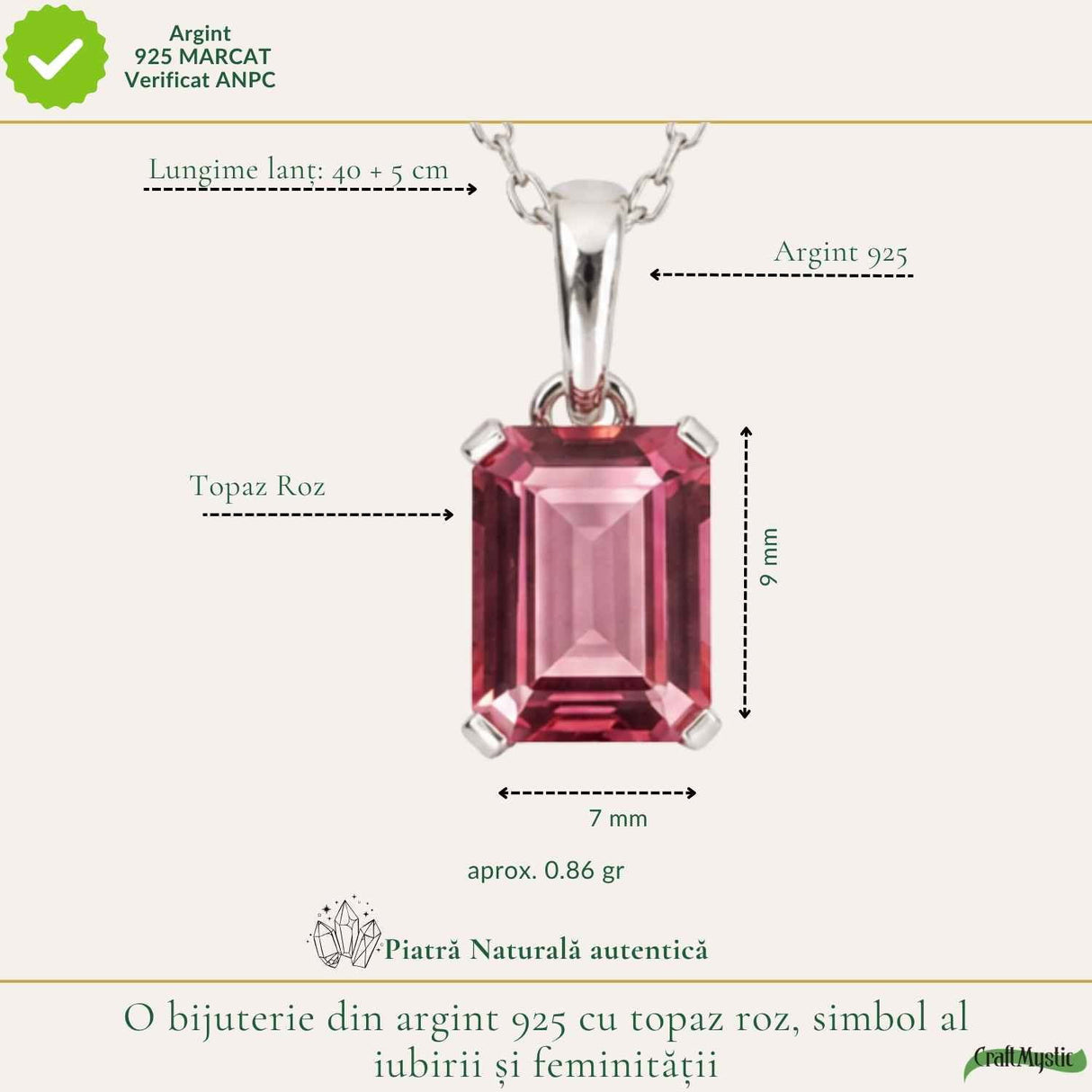 Colier argint 925 cu Topaz Roz forma de dreptunghi – Iubire si echilibru emotional
