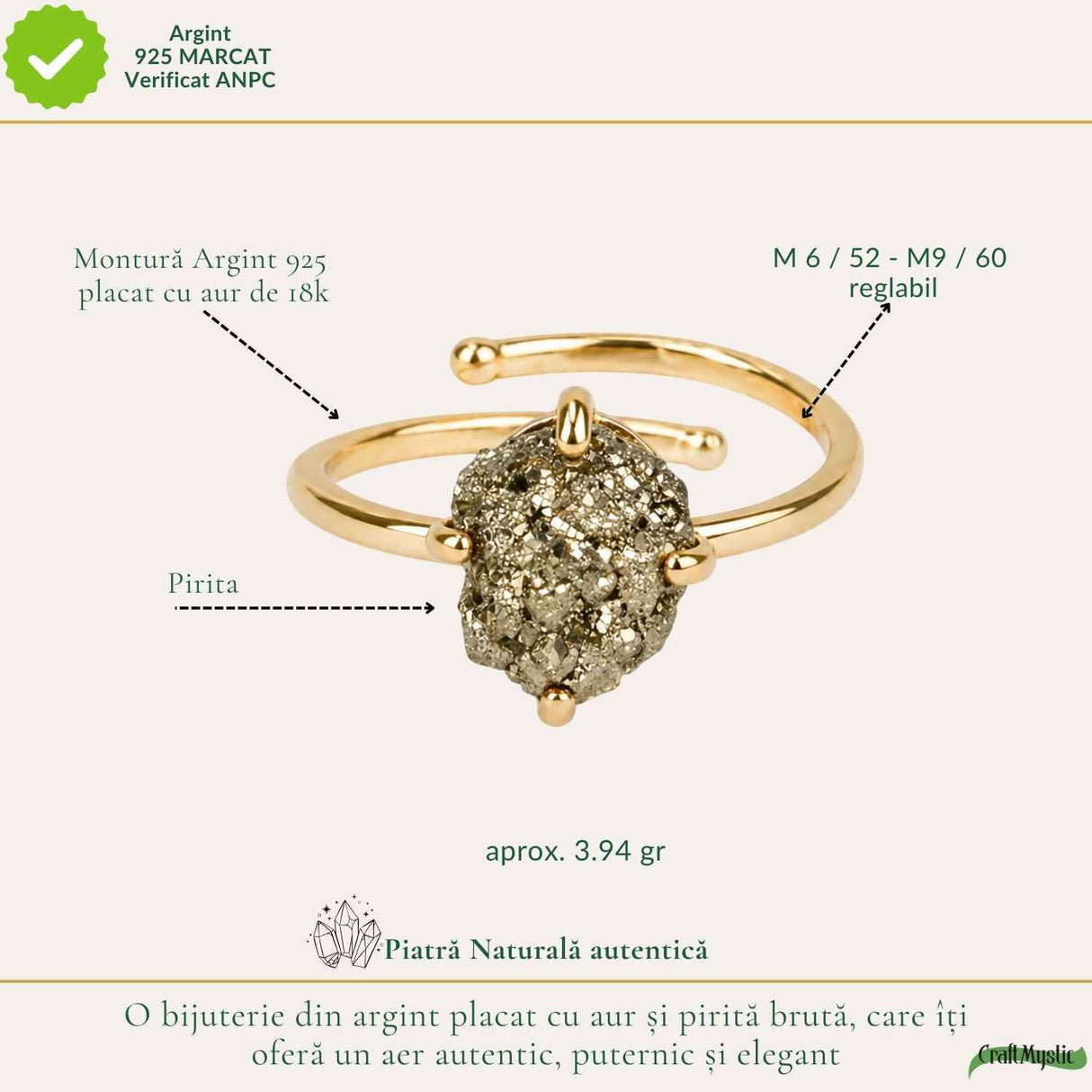 Inel argint 925 cu Pirita bruta – protectie si incredere personala