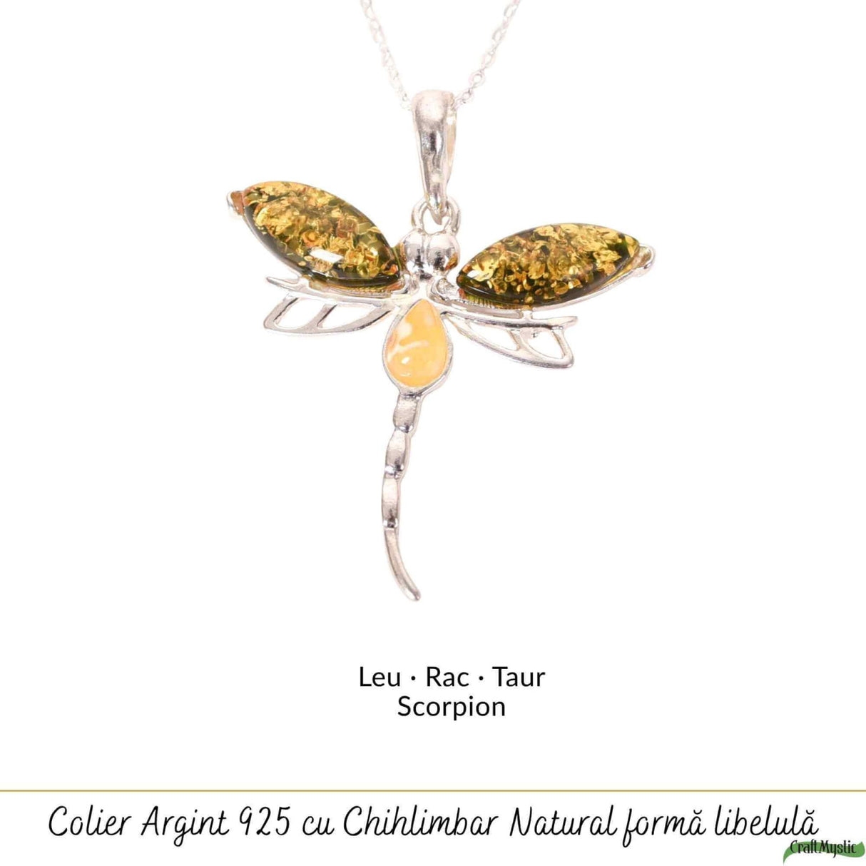 Colier argint 925 cu libelula si chihlimbar natural - Energie solara si transformare