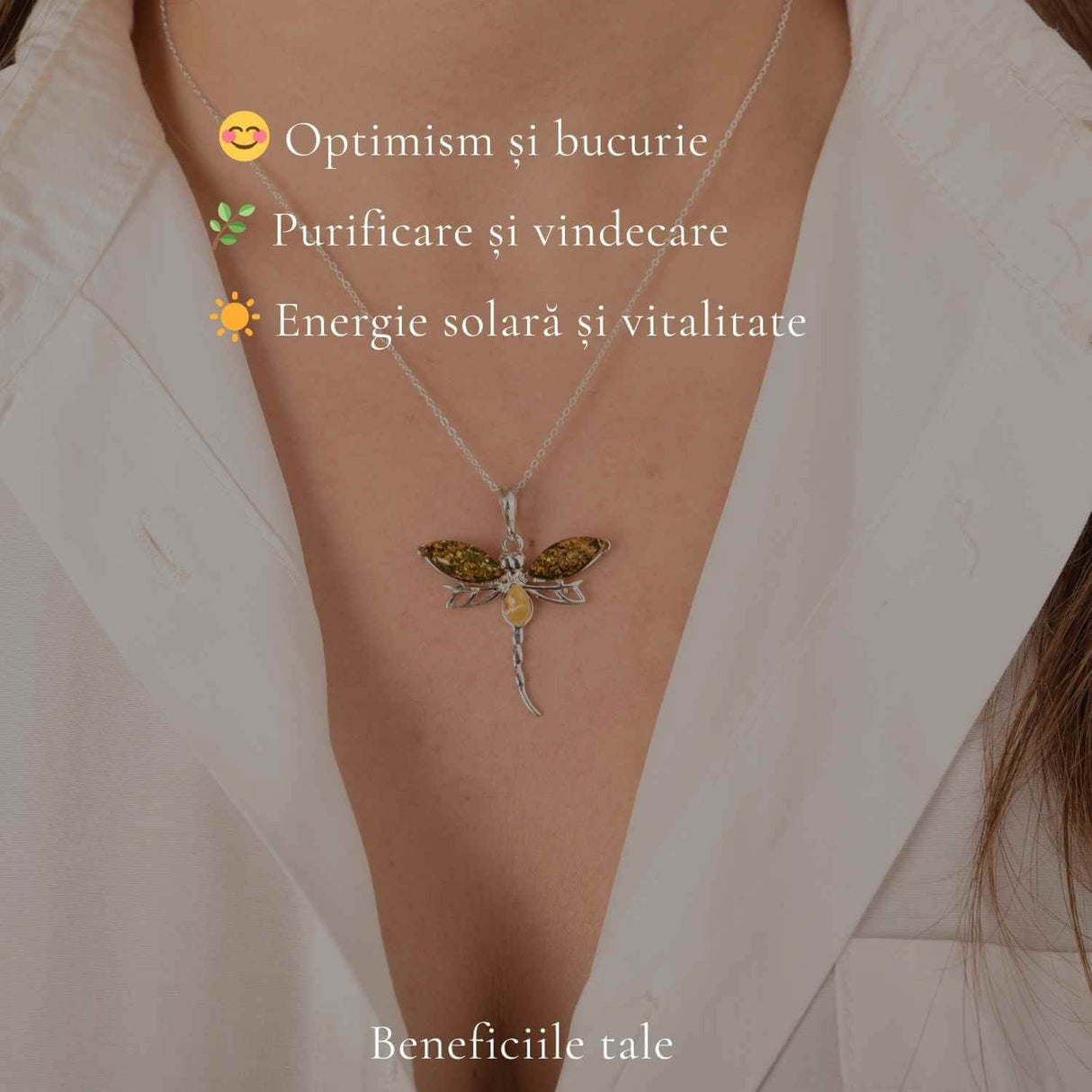 Colier argint 925 cu libelula si chihlimbar natural - Energie solara si transformare