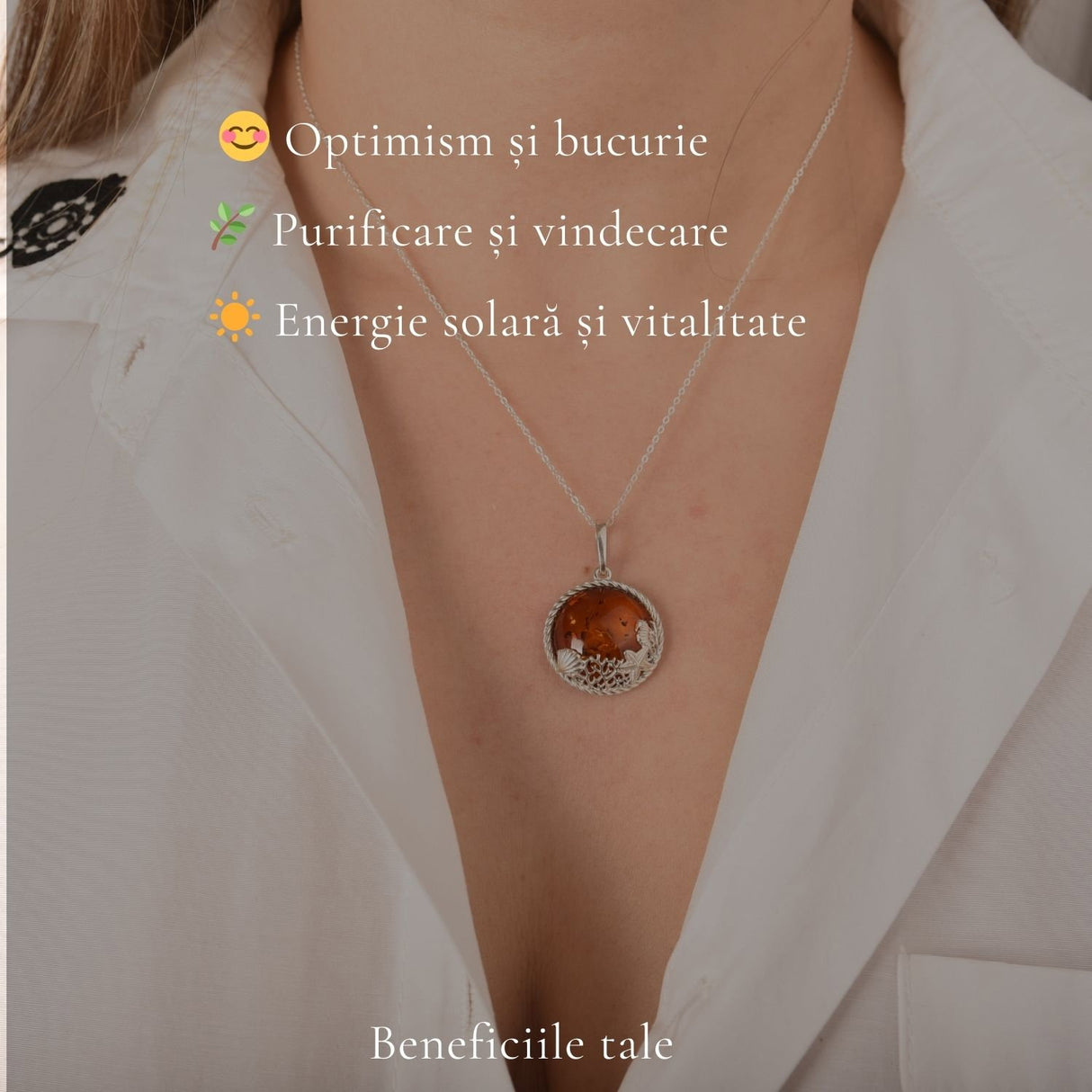 Colier argint 925 rotund cu chihlimbar natural - Energie solara si echilibru