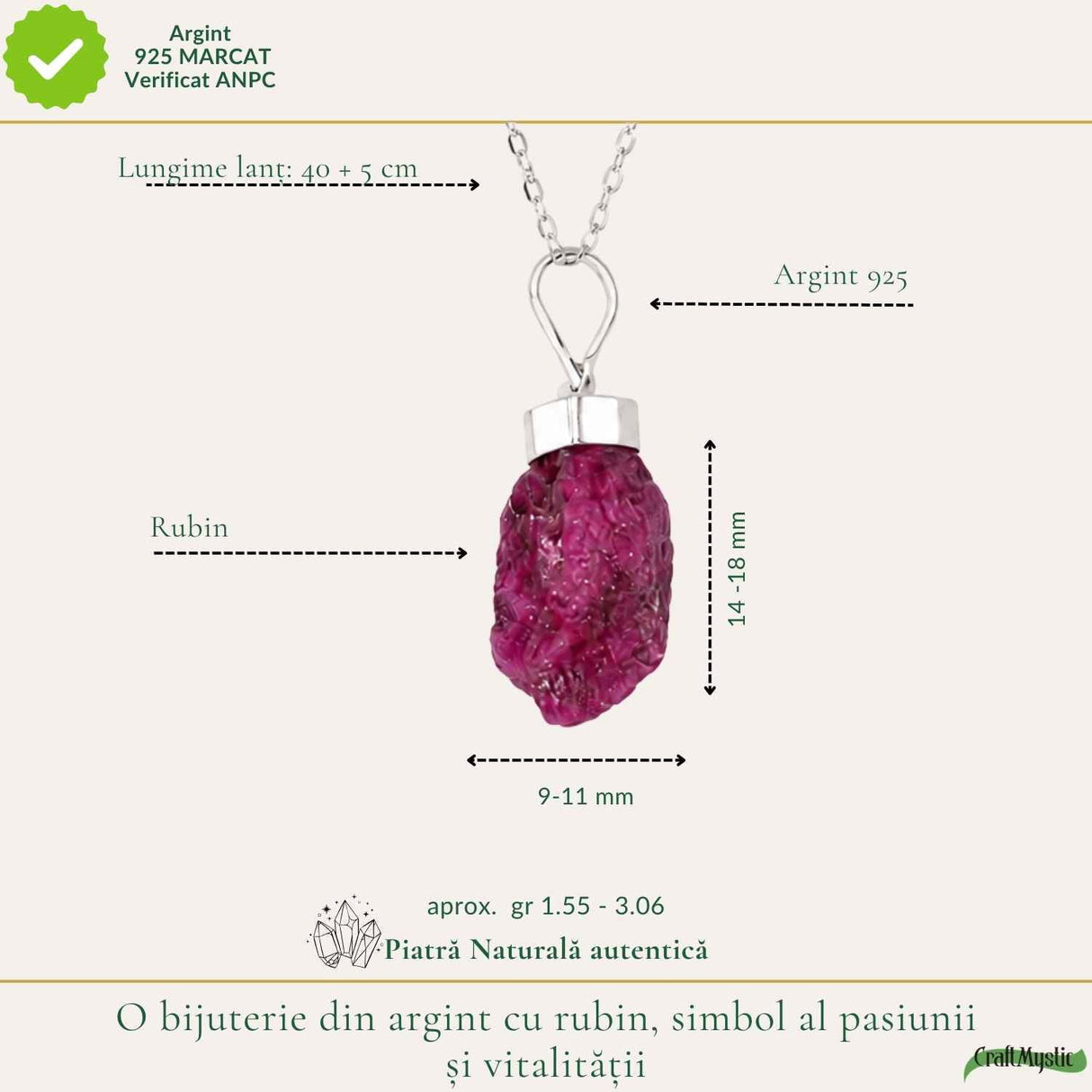 Colier Argint 925 cu Rubin Brut – Energie, Pasiune si Putere Interioara