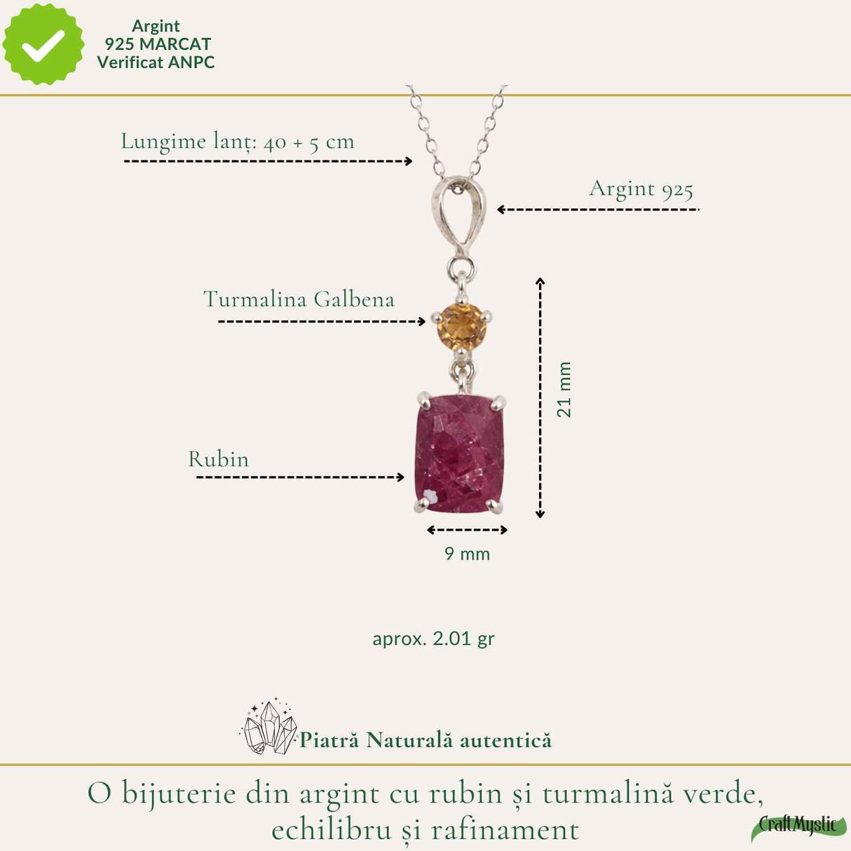 Colier Argint 925 cu Rubin si Turmalina Galbena Naturala Rotund si Dreptunghi – Bucurie si Incredere