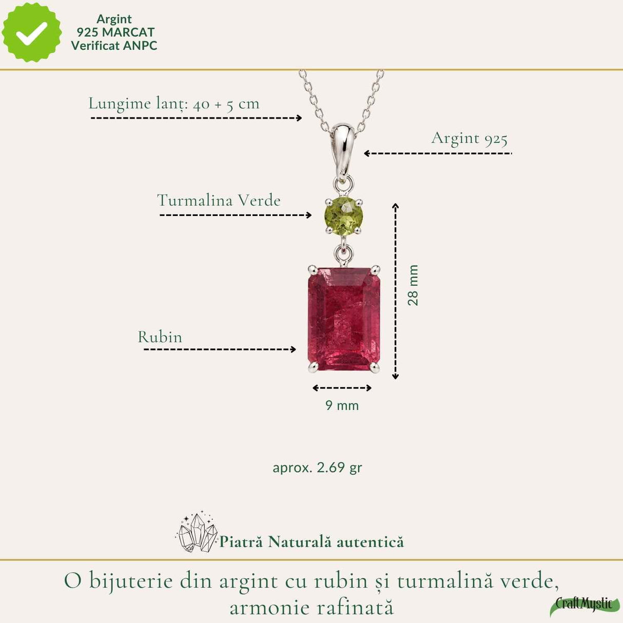 Colier Argint 925 cu Rubin si Turmalina Verde Naturala – Dragoste si Echilibru