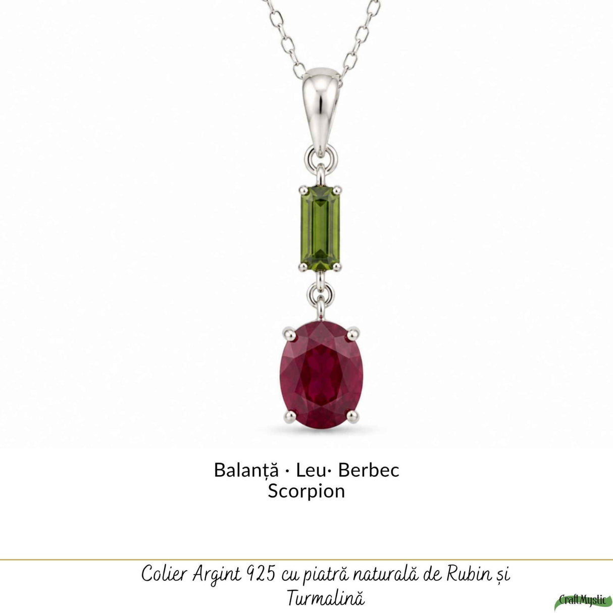 Colier Argint 925 cu Rubin si Turmalina Verde Naturala Oval si Dreptunghi – Iubire si Echilibru Interior
