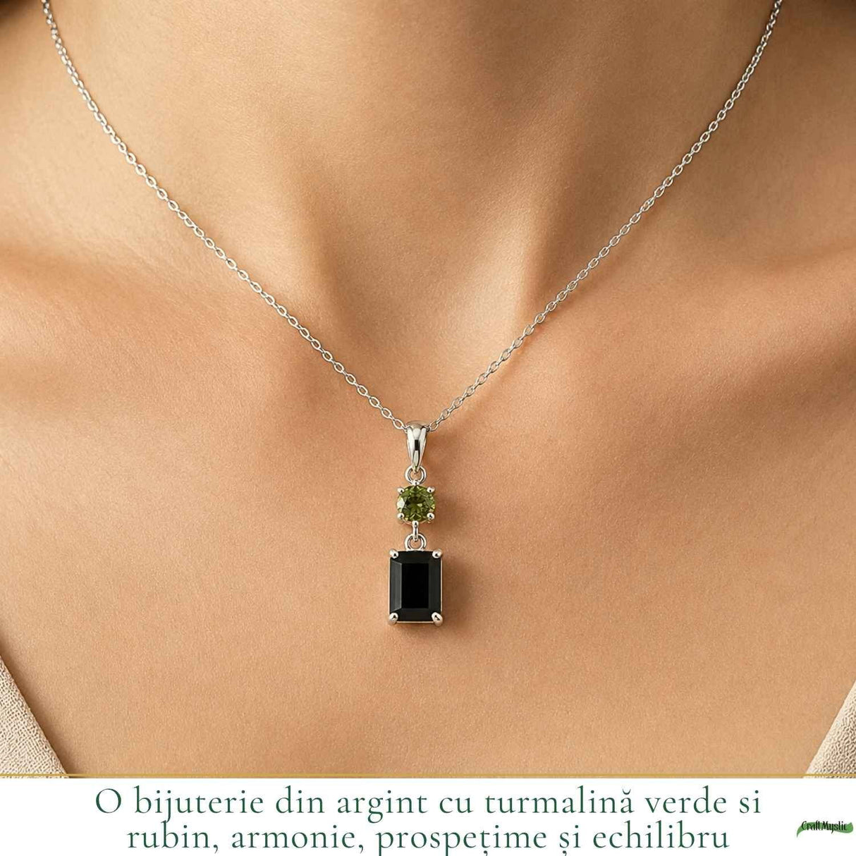 Colier Argint 925 cu Rubin si Turmalina Verde Naturala Rotund si Dreptunghi – Dragoste si Armonie