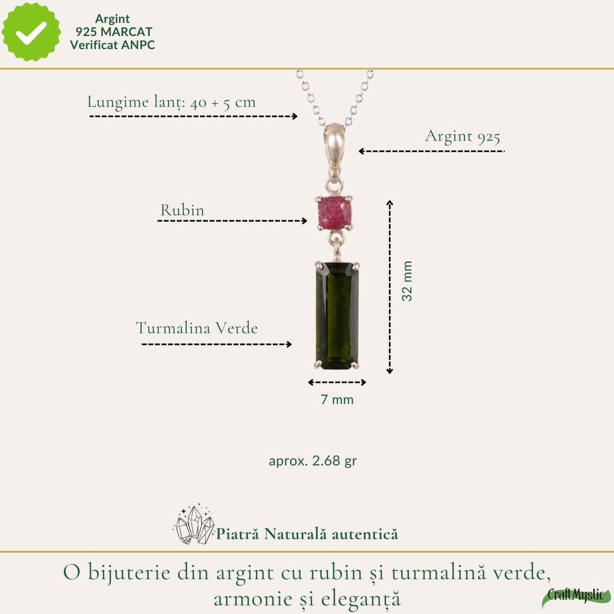 Colier Argint 925 cu Rubin si Turmalina Verde Naturala Patrat si Dreptunghi – Dragoste si Echilibru