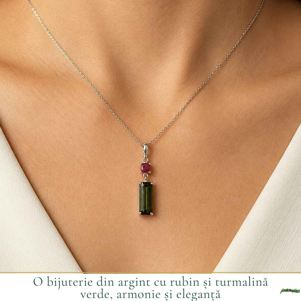 Colier Argint 925 cu Rubin si Turmalina Verde Naturala Patrat si Dreptunghi – Dragoste si Echilibru