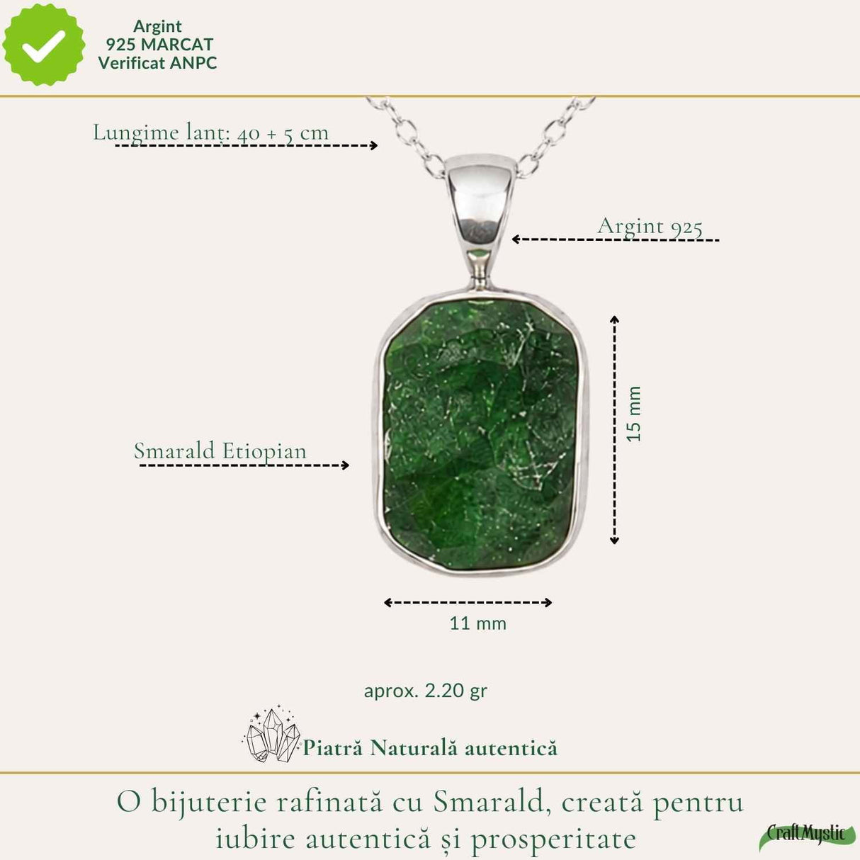 Colier Argint 925 cu Smarald Etiopian Dreptunghi – Prosperitate si Echilibru Interior