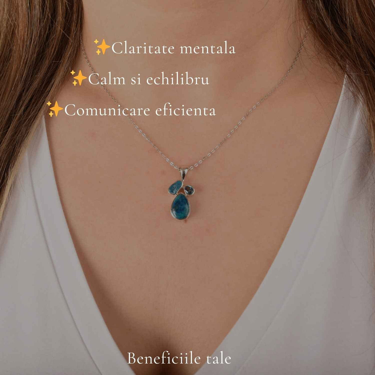 Colier argint 925 cu Topaz Albastru, Apatit si Shattuckit – Claritate si intuitie