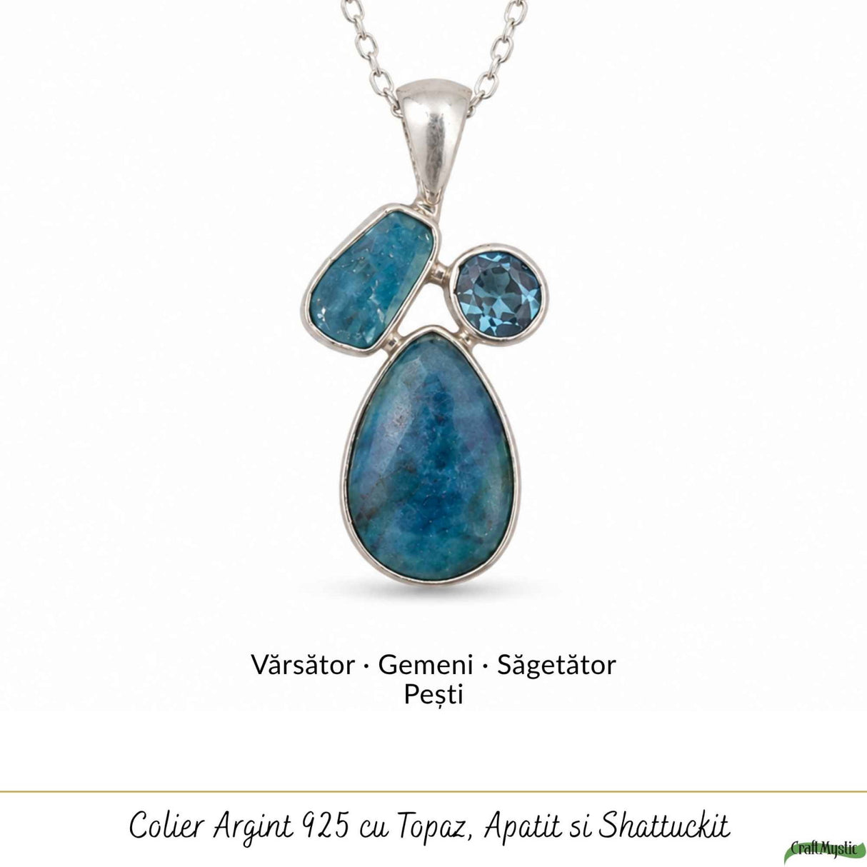 Colier argint 925 cu Topaz Albastru, Apatit si Shattuckit – Claritate si intuitie