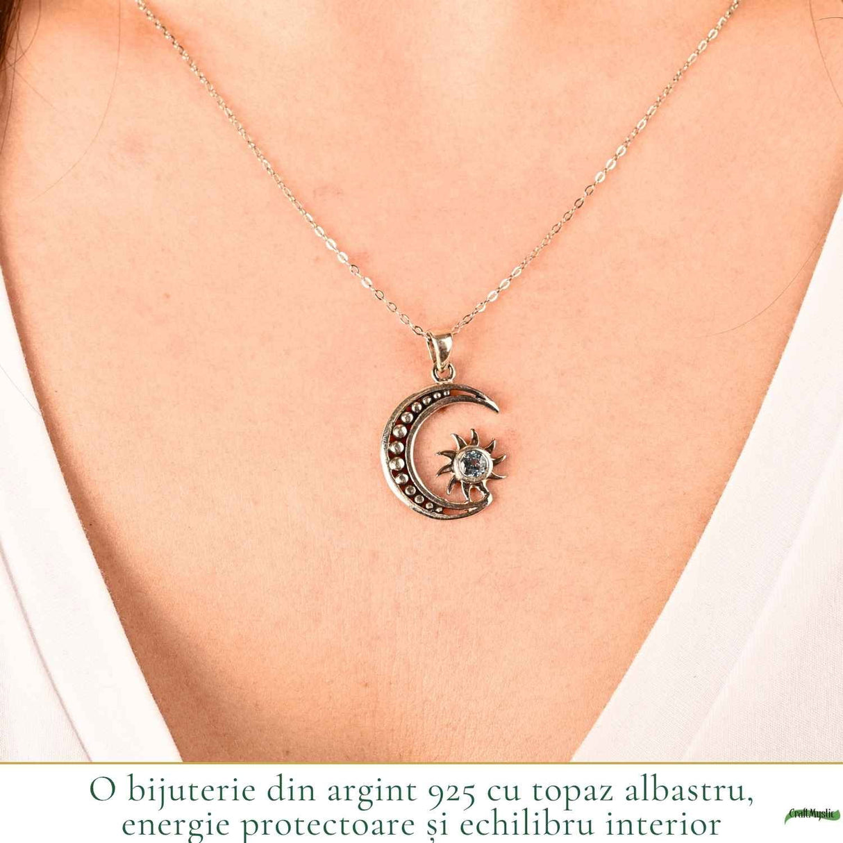 Colier argint 925 cu Topaz Albastru soare si semiluna – Claritate si echilibru