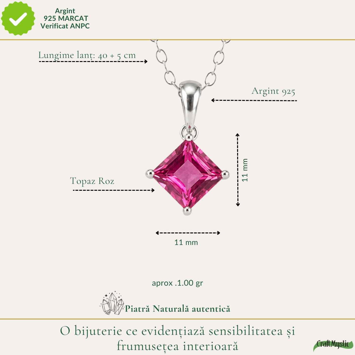 Colier argint 925 cu Topaz Roz forma de patrat – Iubire si echilibru emotional