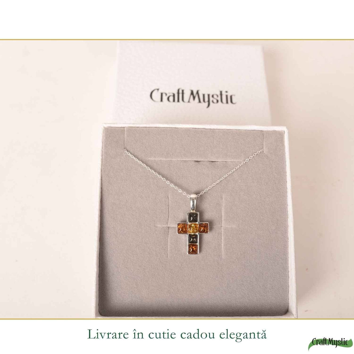Colier Argint 925 Cruce cu Chihlimbar Natural in 3 Culori - Protectie si Energie Calda