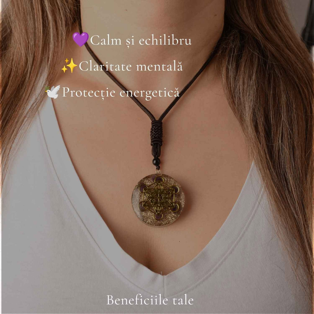 Colier Orgonit cu pietre naturale de Ametist si Cubul lui Metatron – Protectie, Intuitie si Armonie