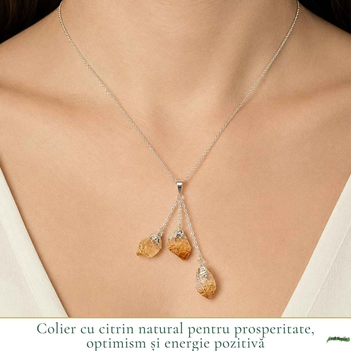 Colier cu Triplu Citrin Brut Natural – Abundenta, incredere si Energie Pozitiva