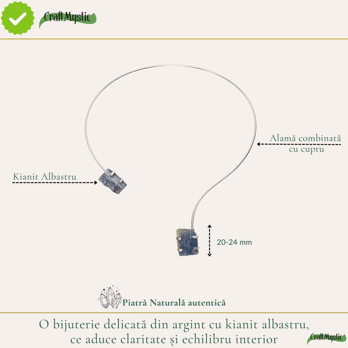 Colier Choker Argintiu cu Kianit Albastru Natural – Comunicare si Claritate Interioara