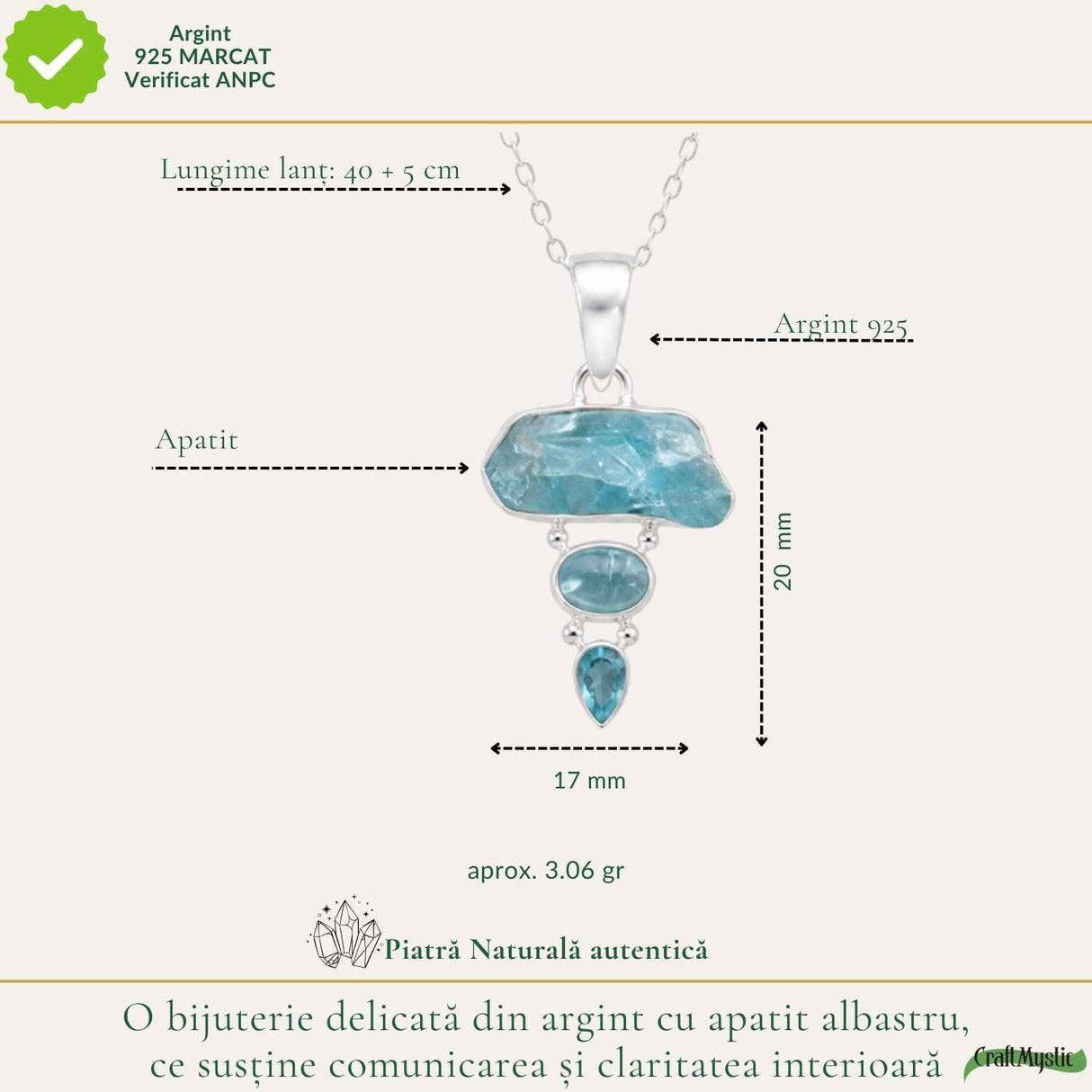 Colier Argint 925 cu Triplu Apatit Albastru – Claritate si Comunicare Autentica