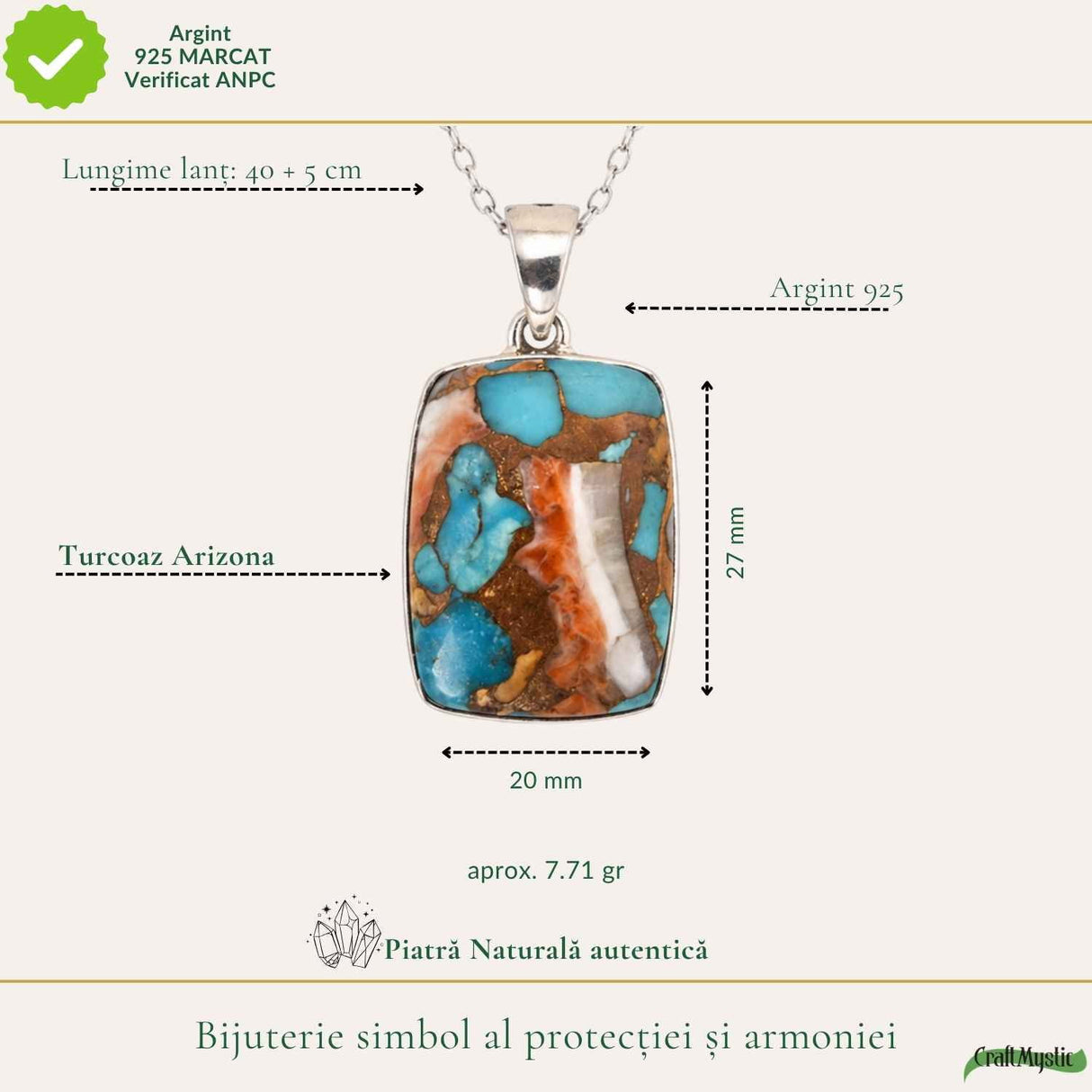 Colier argint 925 cu Turcoaz Arizona dreptunghi – Protectie si echilibru