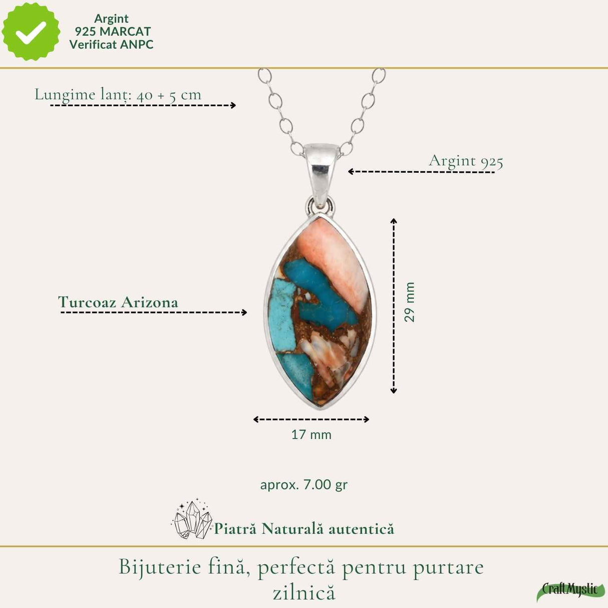 Colier argint 925 cu Turcoaz Arizona delicat – Protectie si echilibru