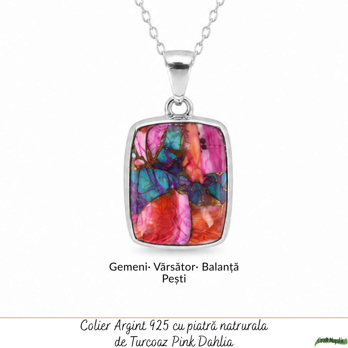 Colier Argint 925 cu Turcoaz Pink Dahlia Dreptunghi – Energie si Creativitate