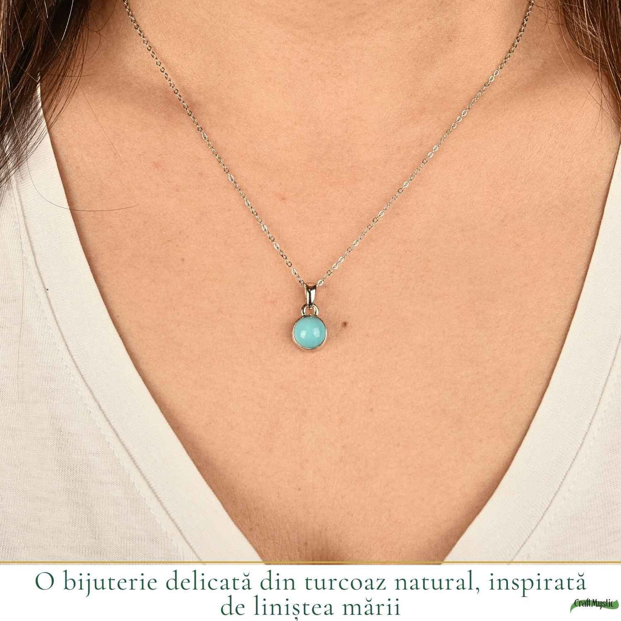 Colier Argint 925 cu Turcoaz Natural Rotund – Calm si Energie Pozitiva