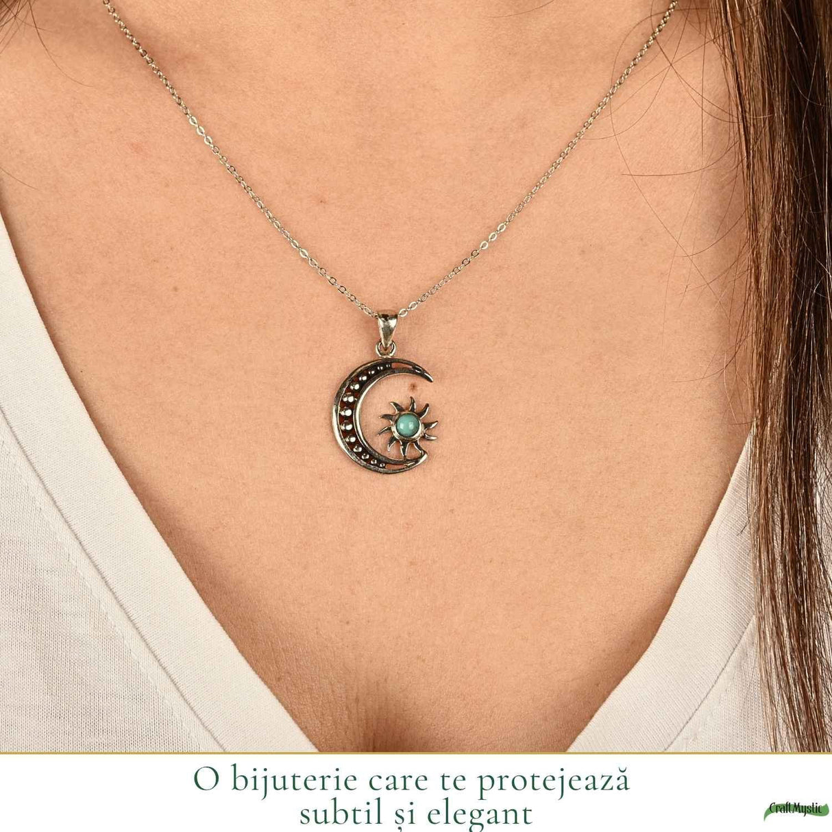 Colier argint 925 cu Turcoaz semiluna si soare – echilibru si protectie zilnica