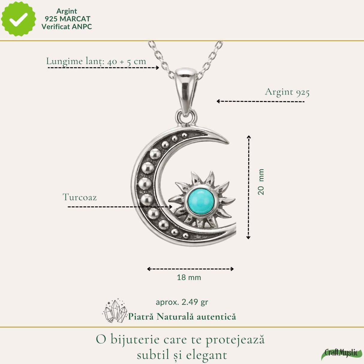 Colier argint 925 cu Turcoaz semiluna si soare – echilibru si protectie zilnica