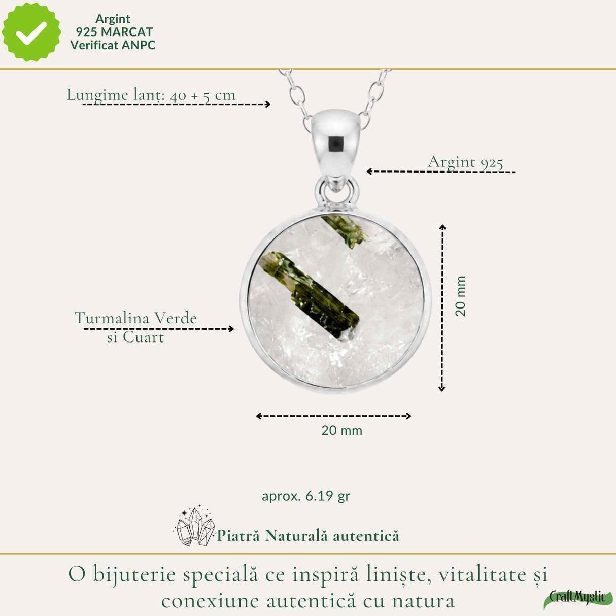 Colier Argint 925 cu Turmalina Verde si Cuart Rotund – Armonie si Energie Pozitiva