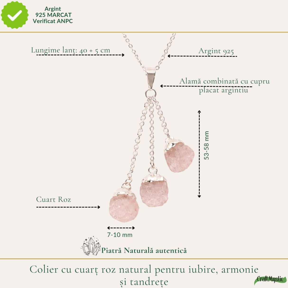 Colier cu Triplu Cuart Roz Brut Natural – Iubire, Armonie si Feminitate