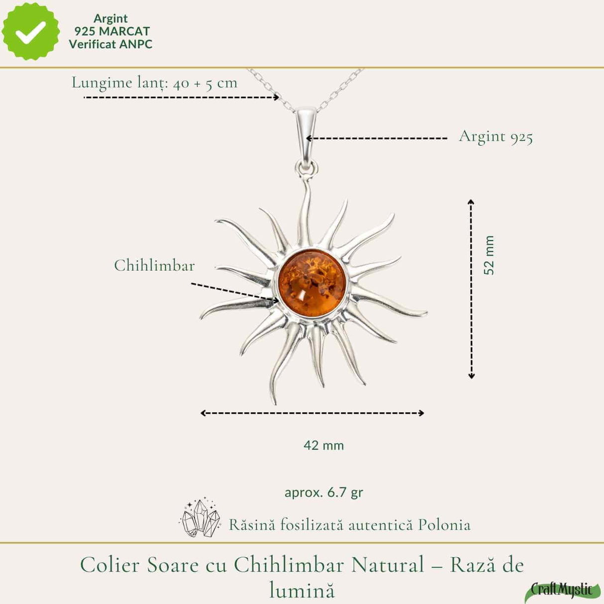 Colier argint 925 Soare cu chihlimbar natural - Energie si vitalitate solara
