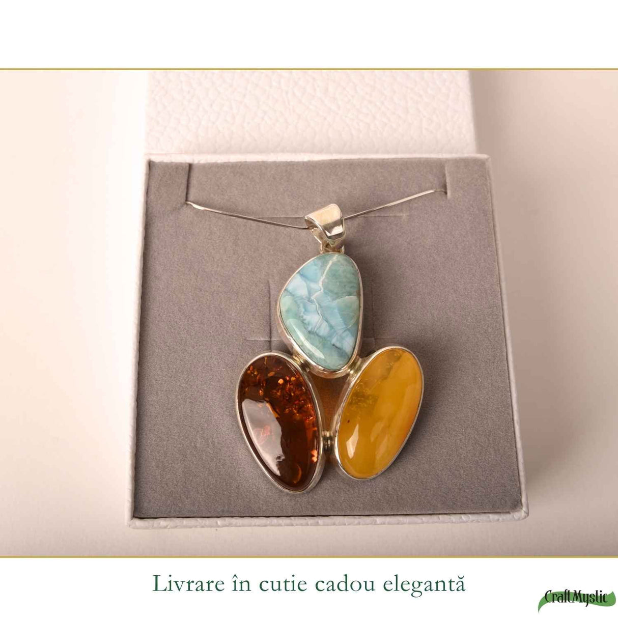 Colier Argint 925 Oval cu Chihlimbar si Larimar – Calm si Echilibru Emotional