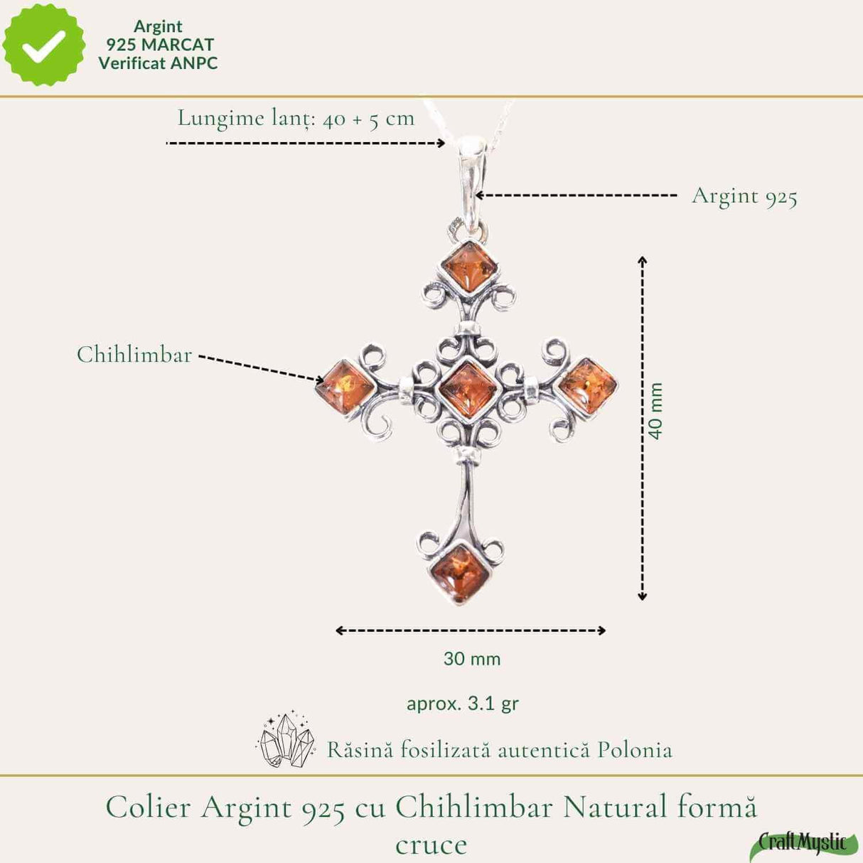 Colier argint 925 cu cruce romb si chihlimbar natural - Protectie si vitalitate