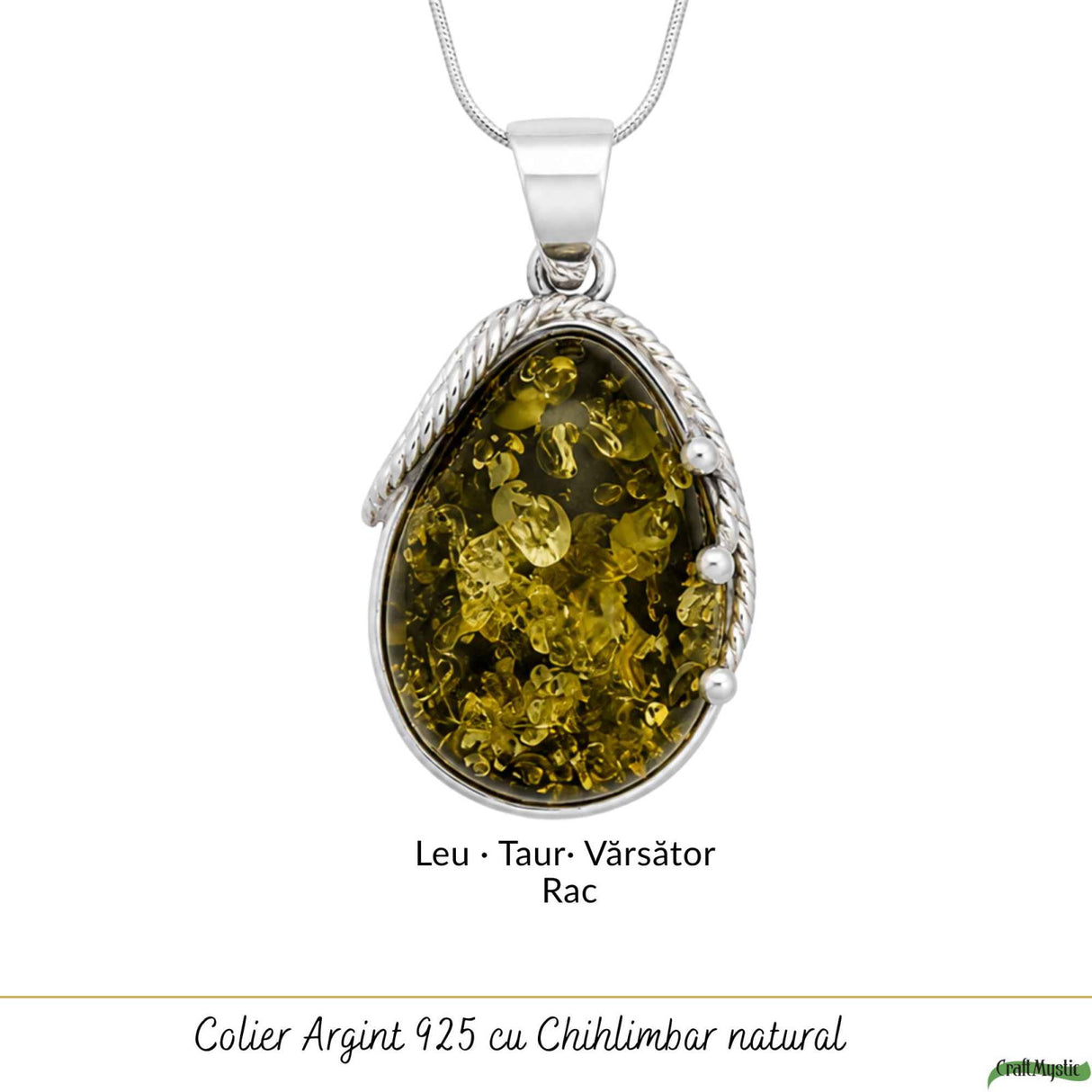 Colier Argint 925 Lacrima cu Chihlimbar Verde – Echilibru si Protectie
