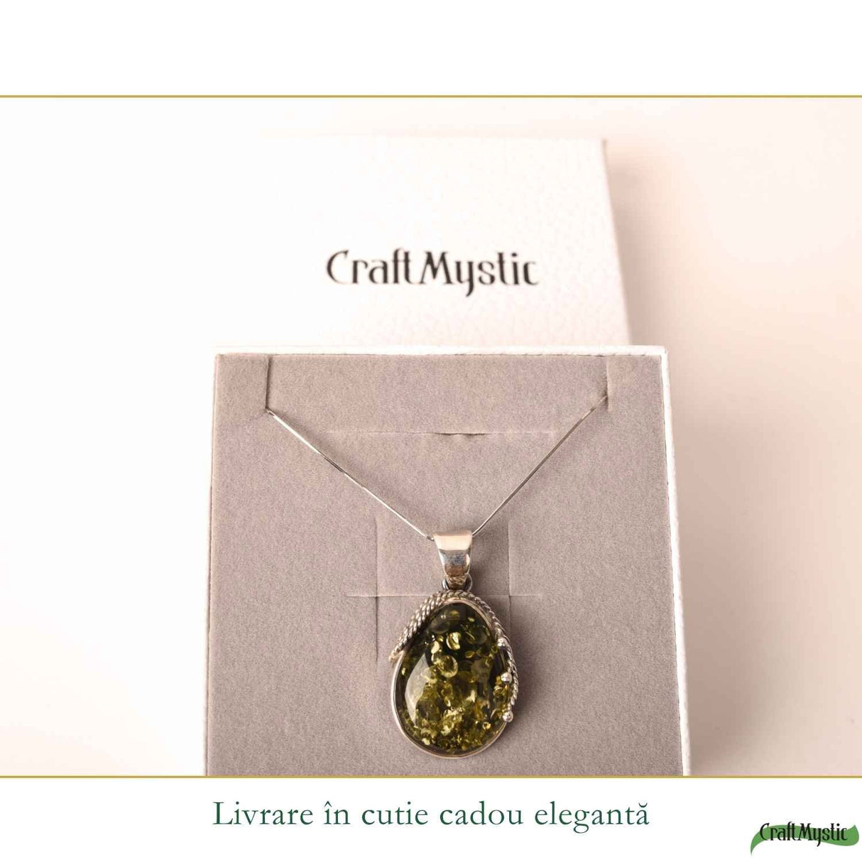 Colier Argint 925 Lacrima cu Chihlimbar Verde – Echilibru si Protectie