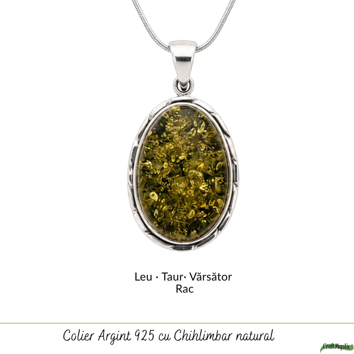 Colier Argint 925 Oval cu Chihlimbar Verde – Echilibru si Energie Pozitiva