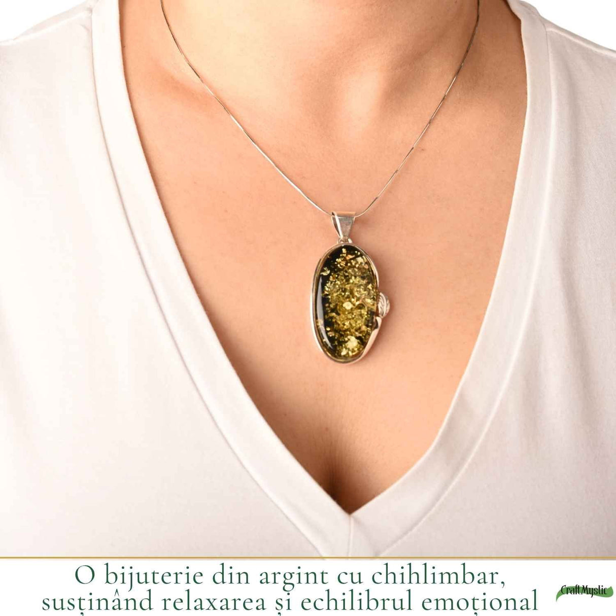 Colier Argint 925 Oval cu Chihlimbar Verde – Protectie si Echilibru Emotional
