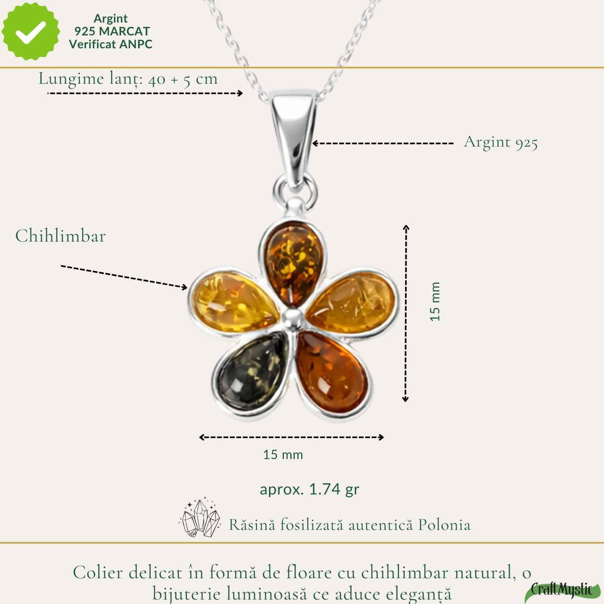 Colier Argint 925 cu Floare din Chihlimbar Natural in 3 Culori - Energie Calda si Feminitate