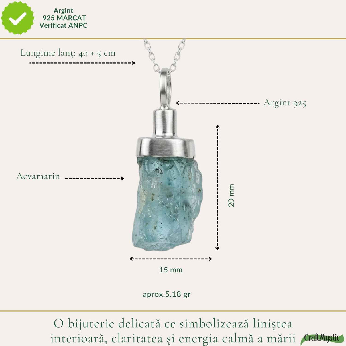 Colier Argint 925 cu Acvamarin Brut Natural – Claritate si Calm Interior