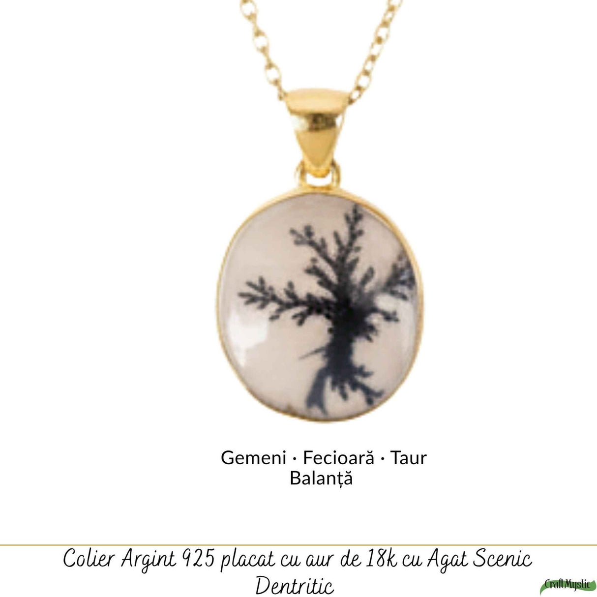Colier Argint 925 Placat Aur 18K cu Agat Scenic Dendritic Oval – Echilibru si Claritate
