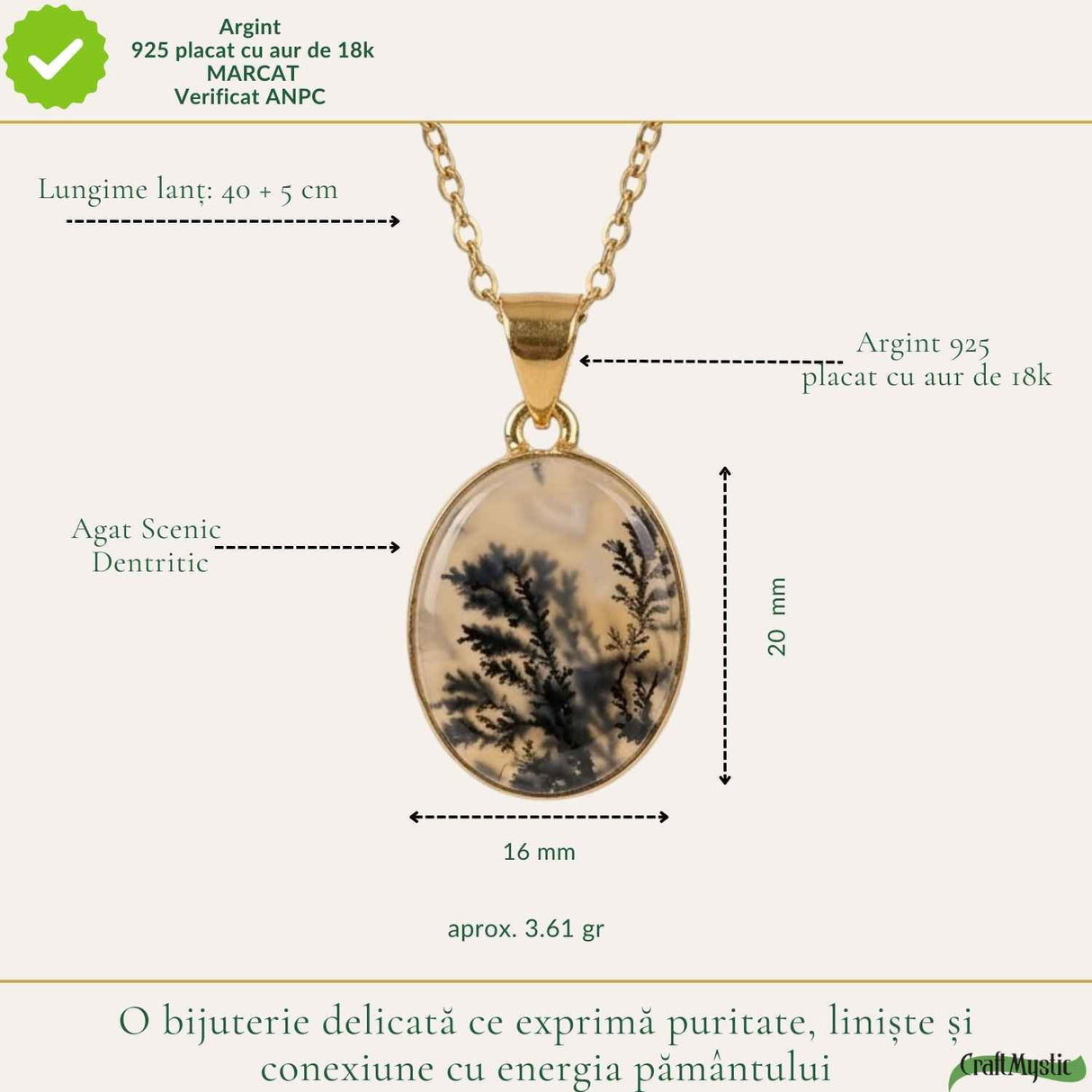 Colier Argint 925 Placat Aur 18K cu Agat Scenic Dendritic Oval – Echilibru si Claritate